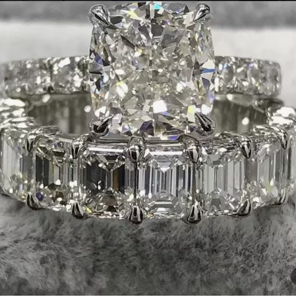 Radiant Mossinate Silver Diamond Eternity Ring set